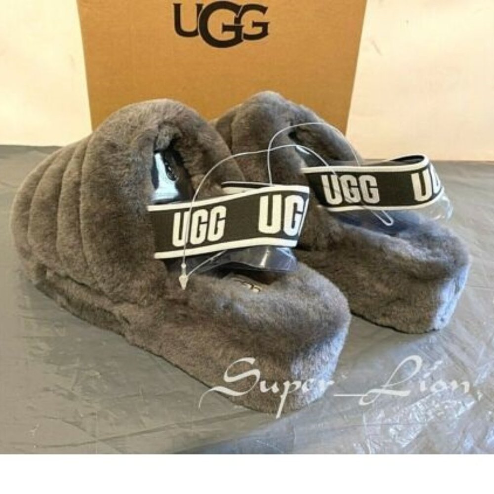 NEW UGG Women's Fluff Yeah Slide Sandals 1095119 Charcoal - Picture 6 of 7